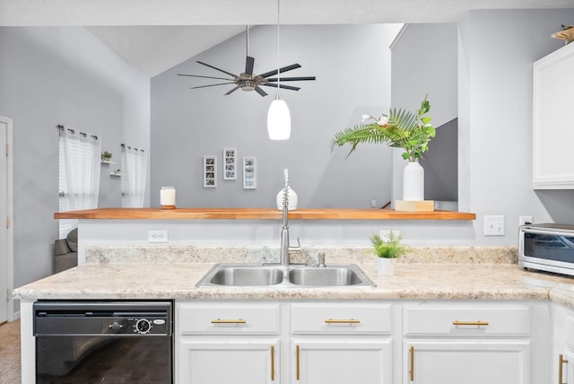 4115 Giacomo Dr, Murfreesboro, TN 37128 - kitchen featuring dishwasher, a sink, light countertops, white cabinetry, and vaulted ceiling