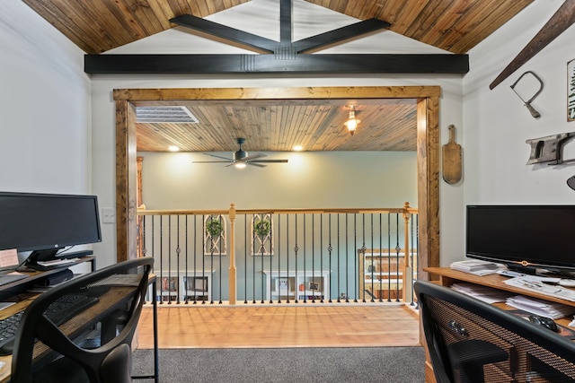 860 Old Woodbury Pike, Readyville, TN 37149 - carpeted office space with a ceiling fan and wood ceiling