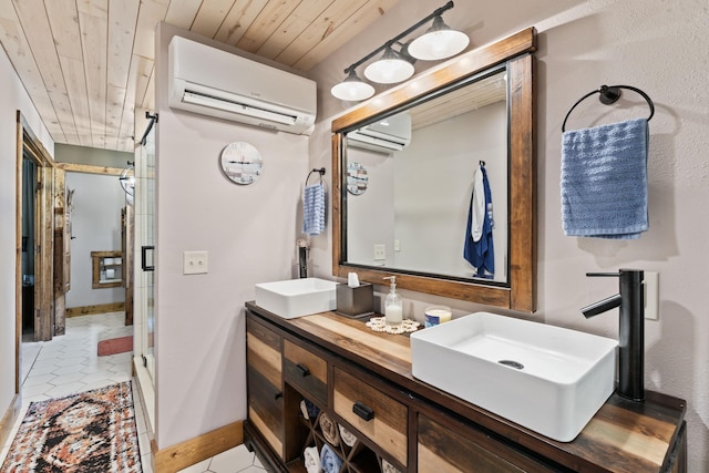 860 Old Woodbury Pike, Readyville, TN 37149 - full bath with a wall mounted AC, double vanity, tile patterned flooring, wood ceiling, and baseboards