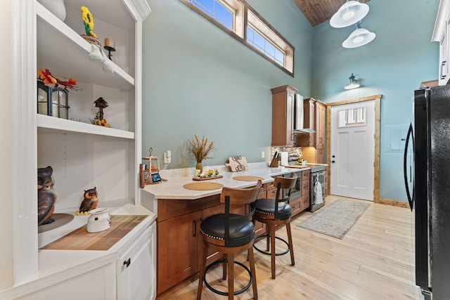860 Old Woodbury Pike, Readyville, TN 37149 - kitchen with freestanding refrigerator, stainless steel electric stove, a towering ceiling, light wood-style floors, and light countertops