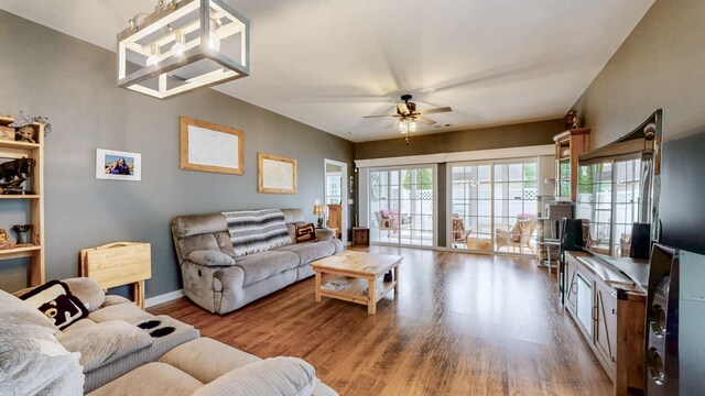 402 Cottonwood Dr, Mount Juliet, TN 37122 - living area featuring wood finished floors, a ceiling fan, and baseboards