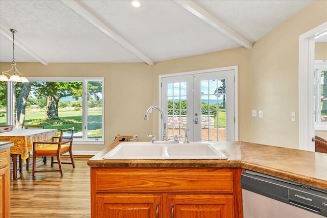 183 Prairie Plains Rd, Hillsboro, TN 37342 - kitchen featuring dishwasher, a sink, beam ceiling, light wood-type flooring, and plenty of natural light