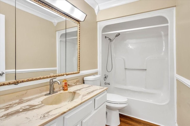183 Prairie Plains Rd, Hillsboro, TN 37342 - full bath with ornamental molding, vanity, toilet, wood finished floors, and  shower combination