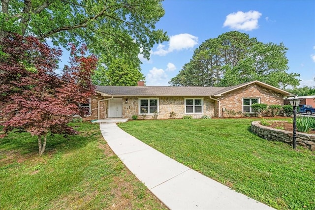 183 Prairie Plains Rd, Hillsboro, TN 37342 - ranch-style house featuring a front yard, stone siding, and a chimney