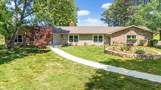 183 Prairie Plains Rd, Hillsboro, TN 37342 - ranch-style home with stone siding, a chimney, and a front yard