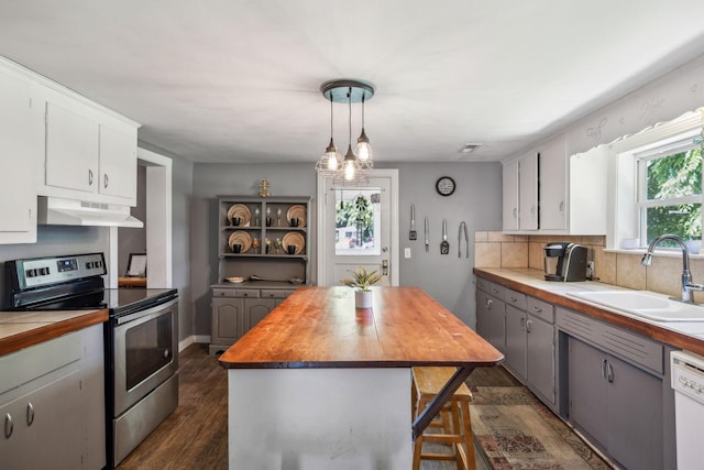123 Columbia Ave, Centerville, TN 37033 - kitchen featuring stainless steel range with electric stovetop, under cabinet range hood, a sink, butcher block counters, and dark wood-style flooring
