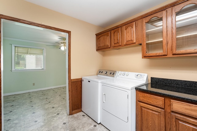 942 Youngs Ln, Nashville, TN 37207 - washroom featuring washing machine and dryer, cabinet space, ceiling fan, a wainscoted wall, and light flooring