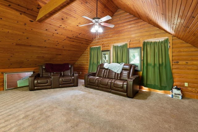 4357 Old Blacktop Rd, Mc Ewen, TN 37101 - carpeted home theater with wooden ceiling, lofted ceiling, log walls, and ceiling fan