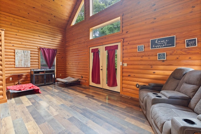 4357 Old Blacktop Rd, Mc Ewen, TN 37101 - living area with high vaulted ceiling, hardwood / wood-style floors, wooden ceiling, and rustic walls