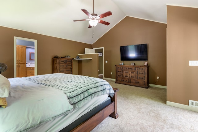 4357 Old Blacktop Rd, Mc Ewen, TN 37101 - carpeted bedroom featuring vaulted ceiling, baseboards, ceiling fan, and connected bathroom