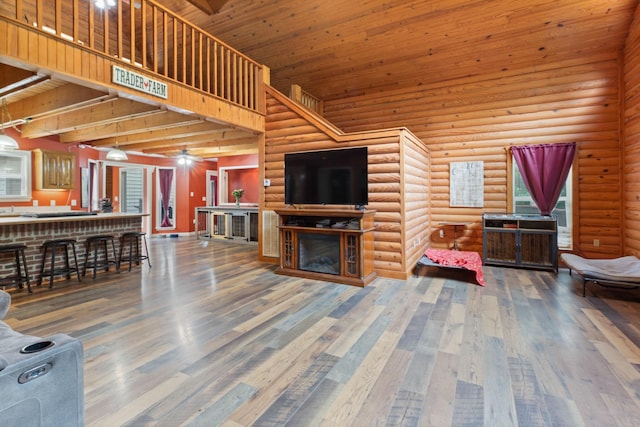 4357 Old Blacktop Rd, Mc Ewen, TN 37101 - living room with wood finished floors, ceiling fan, wooden ceiling, a fireplace, and log walls