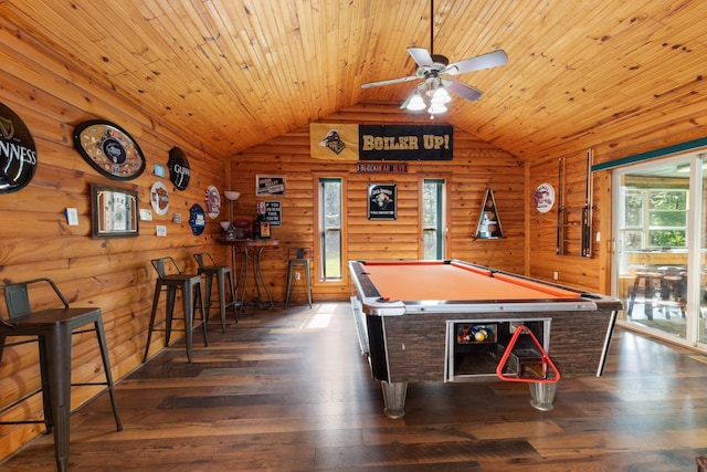4357 Old Blacktop Rd, Mc Ewen, TN 37101 - playroom featuring pool table, lofted ceiling, a ceiling fan, hardwood / wood-style flooring, and wooden ceiling