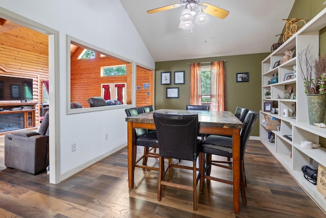 4357 Old Blacktop Rd, Mc Ewen, TN 37101 - dining area featuring vaulted ceiling, ceiling fan, and dark wood-style flooring