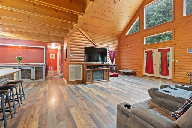 4357 Old Blacktop Rd, Mc Ewen, TN 37101 - living area featuring wooden ceiling, high vaulted ceiling, wood-type flooring, and rustic walls