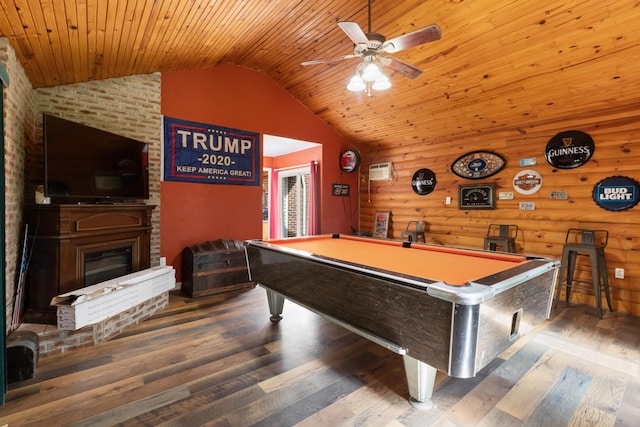 4357 Old Blacktop Rd, Mc Ewen, TN 37101 - recreation room featuring lofted ceiling, ceiling fan, billiards table, wood finished floors, and wood ceiling