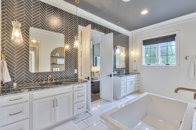 1021 Julian Way, Murfreesboro, TN 37128 - bathroom with a freestanding tub, two vanities, decorative backsplash, and ornamental molding