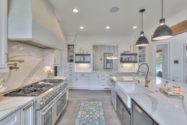 1021 Julian Way, Murfreesboro, TN 37128 - kitchen with open shelves, custom exhaust hood, range with two ovens, a sink, and recessed lighting