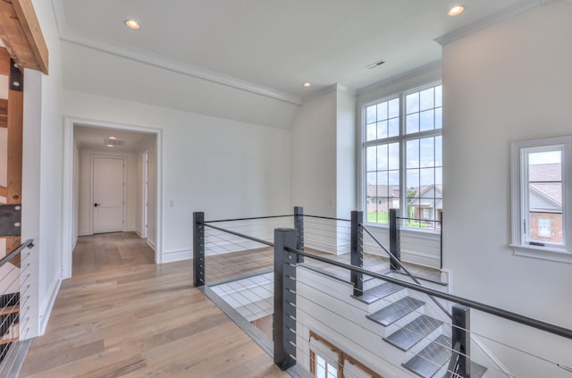 1021 Julian Way, Murfreesboro, TN 37128 - hall featuring an upstairs landing, crown molding, light wood-style flooring, baseboards, and recessed lighting