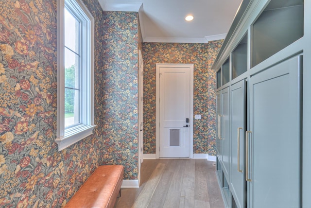 1021 Julian Way, Murfreesboro, TN 37128 - corridor featuring light wood-type flooring, baseboards, crown molding, recessed lighting, and wallpapered walls