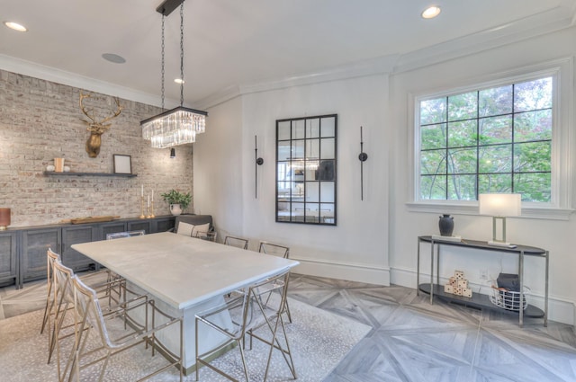 1021 Julian Way, Murfreesboro, TN 37128 - dining space with baseboards, ornamental molding, a chandelier, brick wall, and recessed lighting