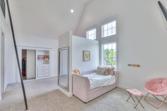 1021 Julian Way, Murfreesboro, TN 37128 - bedroom with carpet flooring, high vaulted ceiling, baseboards, and recessed lighting