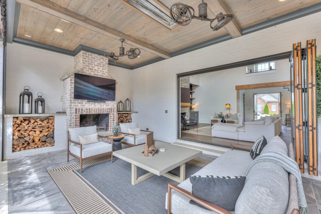 1021 Julian Way, Murfreesboro, TN 37128 - living area with wooden ceiling with exposed beams, an outdoor brick fireplace, and a chandelier