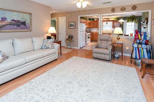 1130 Horse Mountain Rd Unit E, Shelbyville, TN 37160 - living room featuring a ceiling fan, baseboards, and light wood-type flooring