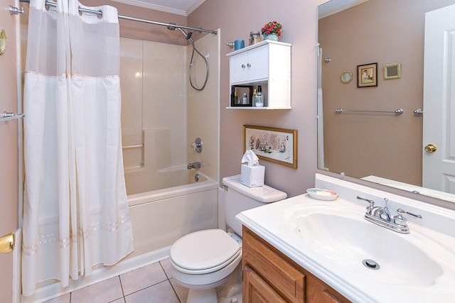 1130 Horse Mountain Rd Unit E, Shelbyville, TN 37160 - bathroom featuring shower / bath combo with shower curtain, toilet, vanity, tile patterned flooring, and ornamental molding