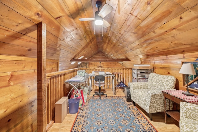 123 Hidden Trl, Dover, TN 37058 - living area featuring wooden walls, wooden ceiling, a ceiling fan, vaulted ceiling, and wood finished floors