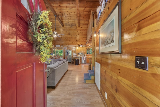 123 Hidden Trl, Dover, TN 37058 - hallway with wood ceiling with exposed beams, wooden walls, light wood-style flooring, and high vaulted ceiling
