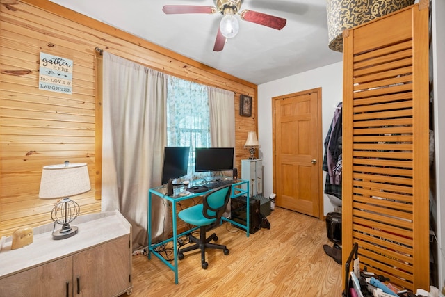 123 Hidden Trl, Dover, TN 37058 - office area featuring wood walls, light wood-style floors, and ceiling fan