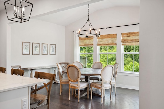 9420 Kaplan Ave, Brentwood, TN 37027 - dining area with a chandelier, vaulted ceiling, dark wood-type flooring, and baseboards