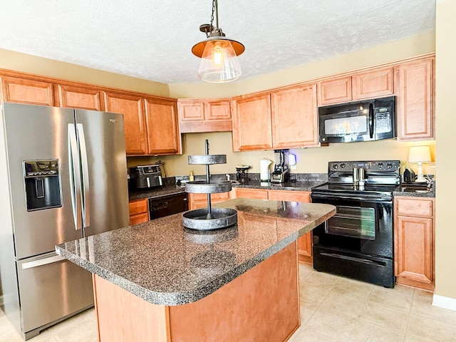 115 Lancaster Gate Pl, Murfreesboro, TN 37128 - kitchen with black appliances, a center island, pendant lighting, a textured ceiling, and light brown cabinetry