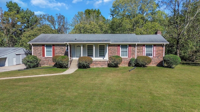 401 Ellington Dr, Franklin, TN 37064 - ranch-style home with brick siding, a chimney, an outbuilding, a front yard, and a detached garage