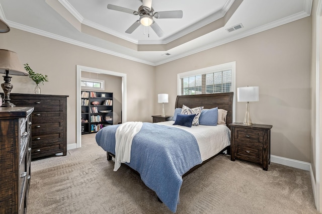 2520 Pebblecreek Ln, Murfreesboro, TN 37130 - bedroom featuring a raised ceiling, light carpet, crown molding, baseboards, and a ceiling fan