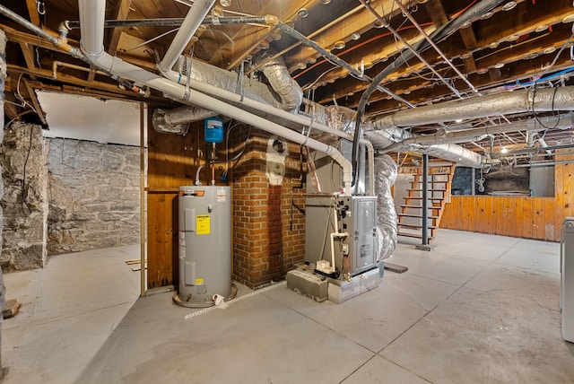 1305 Riverwood Dr, Nashville, TN 37216 - unfinished basement with water heater, heating unit, and wood walls