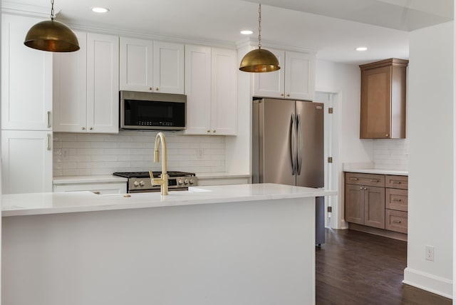 1305 Riverwood Dr, Nashville, TN 37216 - kitchen featuring stainless steel appliances, light countertops, dark wood-style flooring, tasteful backsplash, and recessed lighting