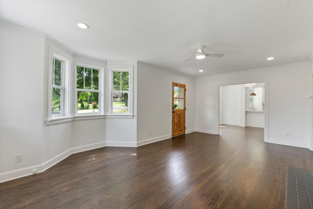 1305 Riverwood Dr, Nashville, TN 37216 - unfurnished living room featuring ceiling fan, ornamental molding, baseboards, dark wood finished floors, and recessed lighting