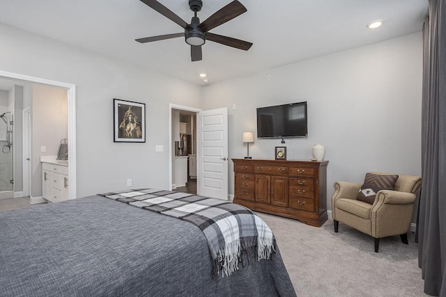1901 Shadow Green Dr Unit 303, Franklin, TN 37064 - bedroom with light carpet, recessed lighting, ceiling fan, and connected bathroom