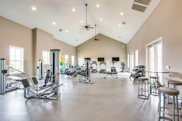 3023 Moultrie Cir, Franklin, TN 37064 - gym with high vaulted ceiling and a ceiling fan