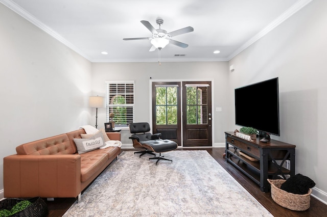 3023 Moultrie Cir, Franklin, TN 37064 - living room with dark wood-style flooring, ornamental molding, recessed lighting, ceiling fan, and baseboards