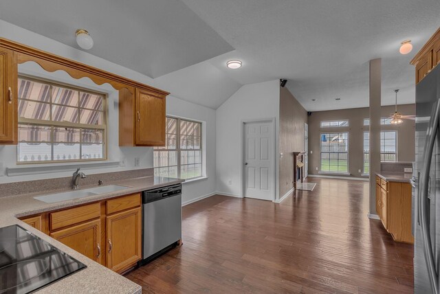 2240 Joann Dr, Spring Hill, TN 37174 - kitchen featuring appliances with stainless steel finishes, a sink, dark wood-style floors, lofted ceiling, and baseboards