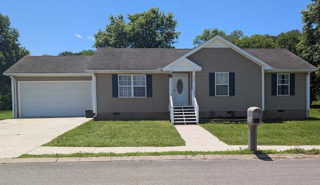 169 Claire St, Benton, TN 37307 - view of front of house with crawl space, a garage, a front lawn, and concrete driveway