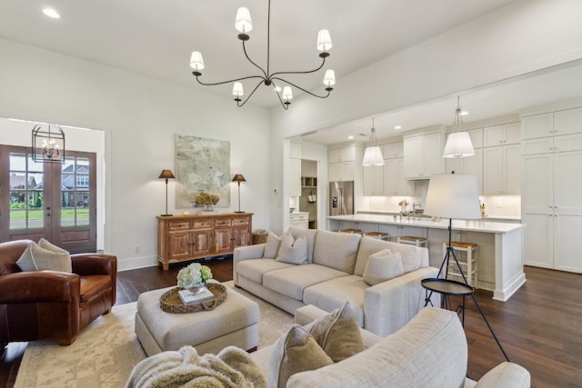 4034 Merryman Ln, Murfreesboro, TN 37127 - living room featuring a chandelier, dark wood-type flooring, recessed lighting, and baseboards