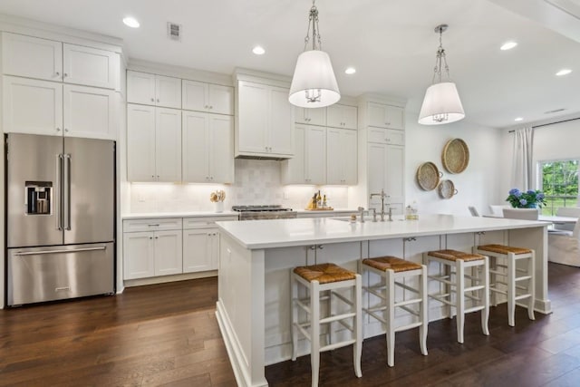 4034 Merryman Ln, Murfreesboro, TN 37127 - kitchen with high end refrigerator, dark wood-type flooring, light countertops, backsplash, and recessed lighting