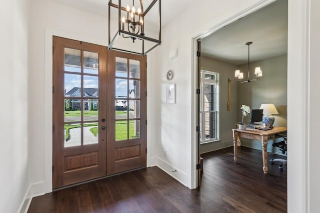 4034 Merryman Ln, Murfreesboro, TN 37127 - foyer entrance featuring a chandelier, french doors, dark wood-style flooring, and baseboards