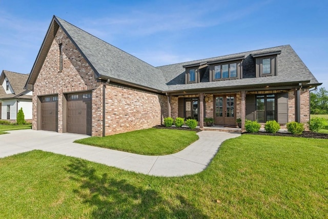 4034 Merryman Ln, Murfreesboro, TN 37127 - view of front of house featuring brick siding, a front yard, concrete driveway, roof with shingles, and covered porch