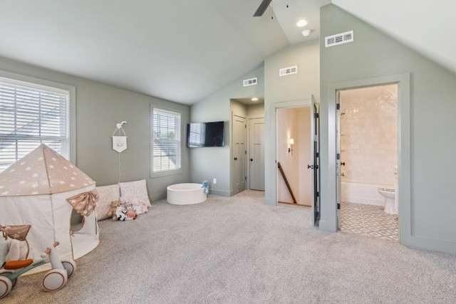 4034 Merryman Ln, Murfreesboro, TN 37127 - unfurnished bedroom featuring vaulted ceiling, carpet floors, ensuite bath, and ceiling fan