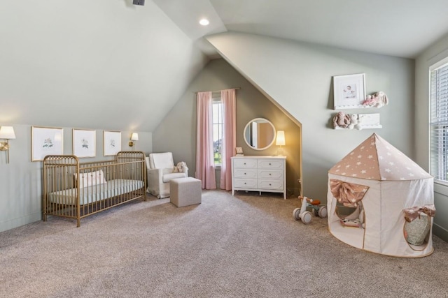 4034 Merryman Ln, Murfreesboro, TN 37127 - bedroom featuring a crib, carpet flooring, and vaulted ceiling