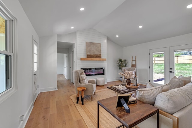 41 Trice Rd, Lebanon, TN 37087 - living area with light wood-style flooring, a fireplace, baseboards, recessed lighting, and lofted ceiling